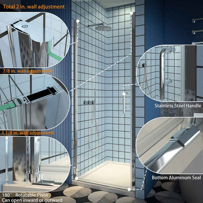 Classy 34-36" W x 72" H Hinged Pivot Semi-Frameless Shower Door Chrome Install Glass Shower Door
