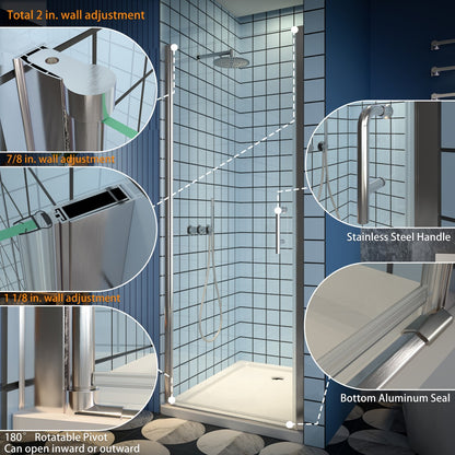 Classy 32-34" W x 72" H Pivot Shower Door Semi-Frameless Hinged In Nickel Install Glass Shower Door - ExBriteUSA