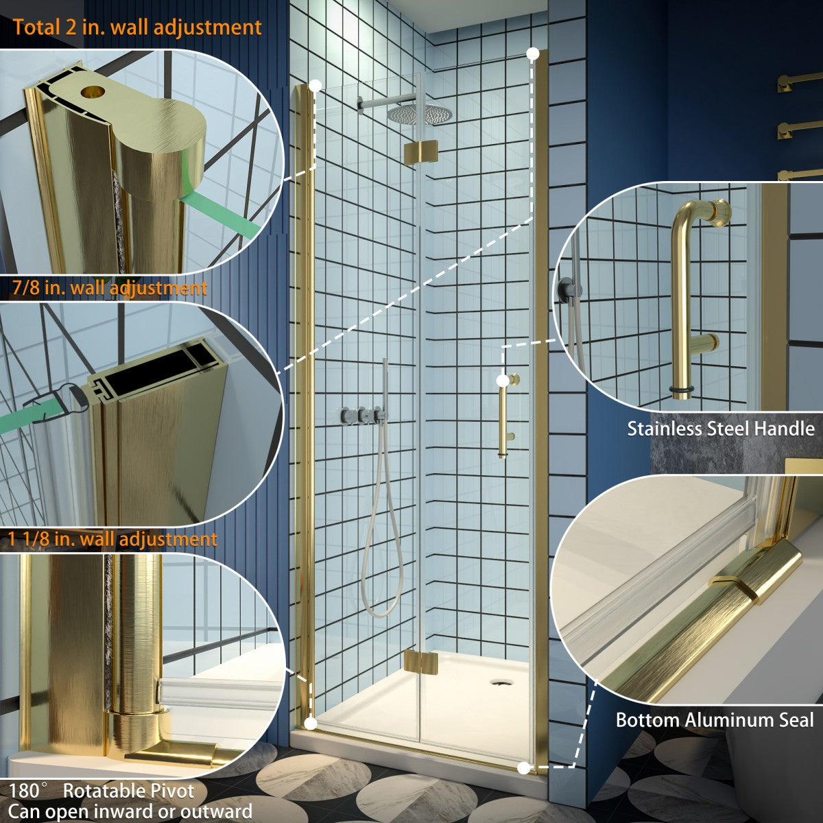 Exbrite Adapt Bifold Shower Door 30-32 in.W x 72 in.H Pivot Swing Shower Doors,Brushed Gold,Tempered Shower Glass