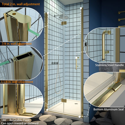 Exbrite Adapt Bifold Shower Door 30-32 in.W x 72 in.H Pivot Swing Shower Doors,Brushed Gold,Tempered Shower Glass