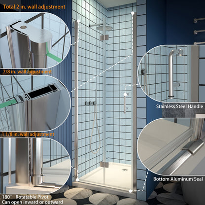 Exbrite Adapt Bifold Shower Door 30-32 in.W x 72 in.H Pivot Swing Shower Doors,Brushed Nickel,Tempered Glass
