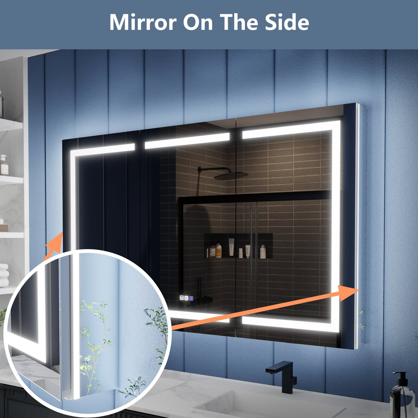 Bathroom mirror with LED lighting on a blue wall, showing a close-up of the mirror's edge.