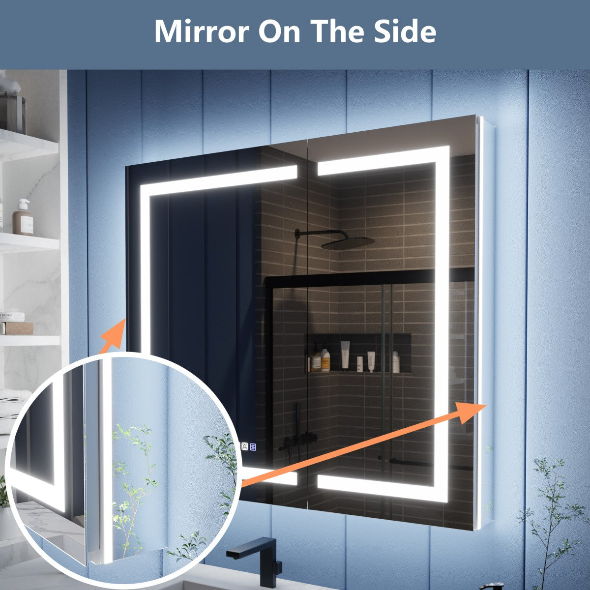 Bathroom mirror with LED lighting on a blue wall, showing a close-up of the lighted edge.