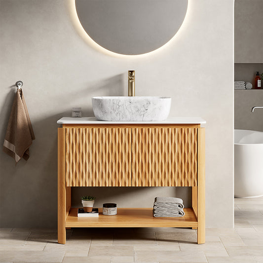 Exbrite 36' Bathroom Vanity&Sink, Freestanding Plywood Bathroom Storage Cabinet with 2 Bamboo Texture Doors&Open Shelf, Marble Pattern Ceramic Basin&Carrara White Sintered Stone Top, Woodgrain Color