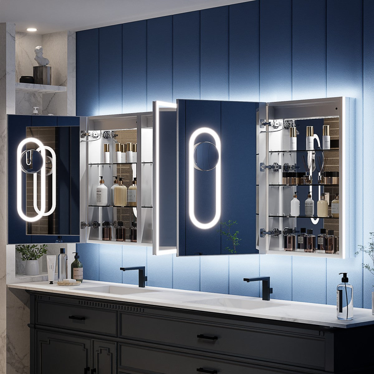 Illusion 84" x 32" LED Mirrored Medicine Cabinet with Front and Back Light Magnifiers