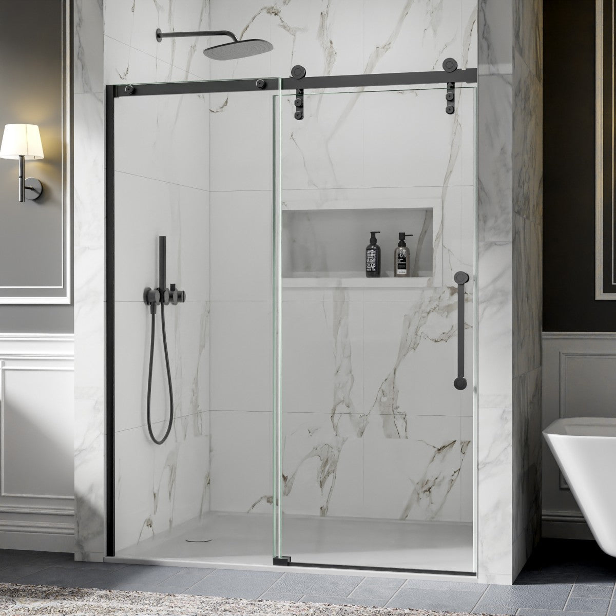 56-60" x 76" Frameless Sliding Shower door,Matte Black,Easy clean,Fixed Glass Left|ExBrite Elysian-R Series