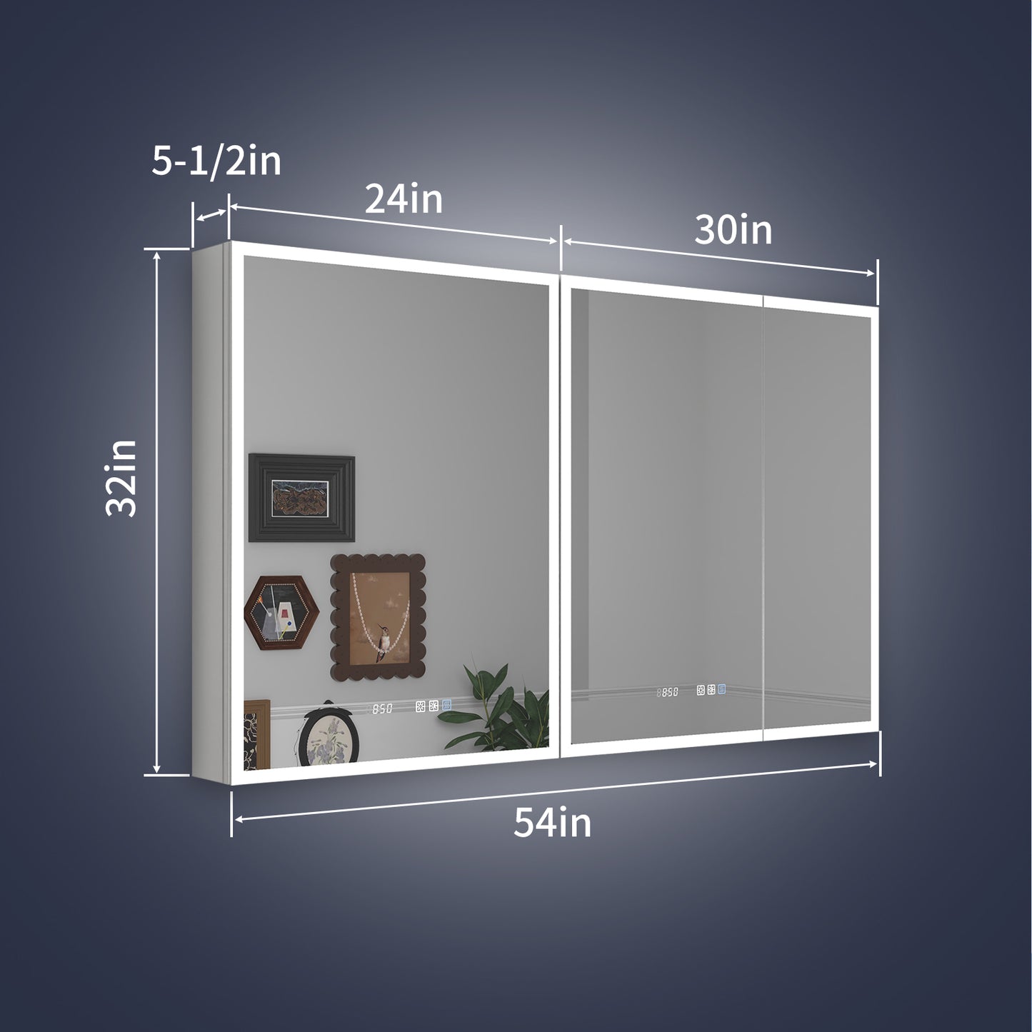 Rim 54" W x 32" H LED Lighted Medicine Cabinet Recessed or Surface with mirrors
