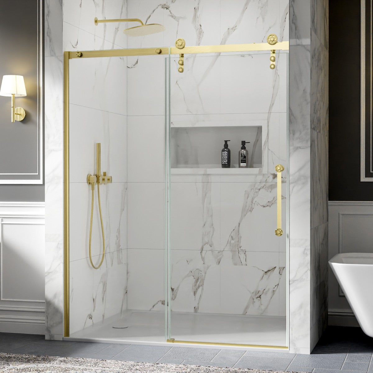 56-60" x 76" Frameless Sliding Shower door,Brushed Gold,Easy clean,Fixed glass left|ExBrite Elysian-S Series
