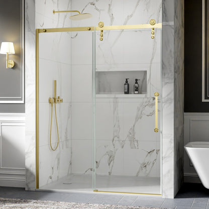 56-60" x 76" Frameless Sliding Shower door,Brushed Gold,Easy clean,Fixed glass left|ExBrite Elysian-S Series