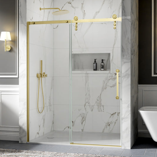 56-60" x 76" Frameless Sliding Shower door,Brushed Gold,Easy clean,Fixed glass left|ExBrite Elysian-S Series
