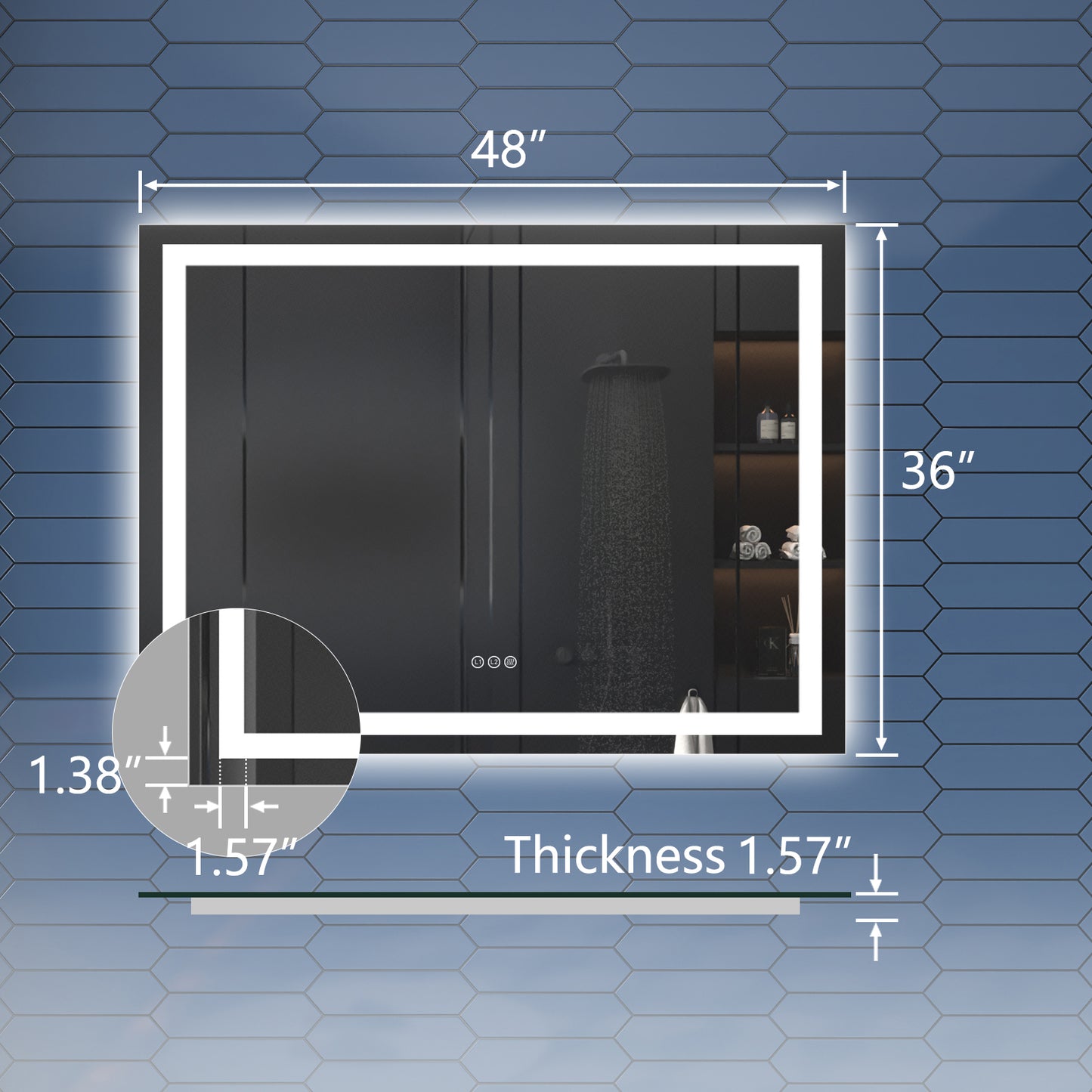 Apex 48" W x 36" H LED Bathroom Light Mirror,Anti Fog,Dimmable,Three Lighting Modes