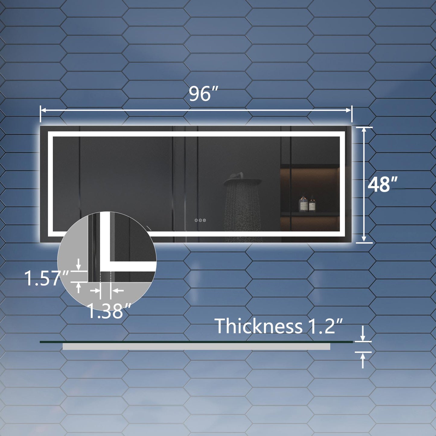 96" W x 48" H Lighted Bathroom Large Light Led Mirror,Anti Fog,Dimmable,Dual Lighting Mode,Tempered Glass|Apex