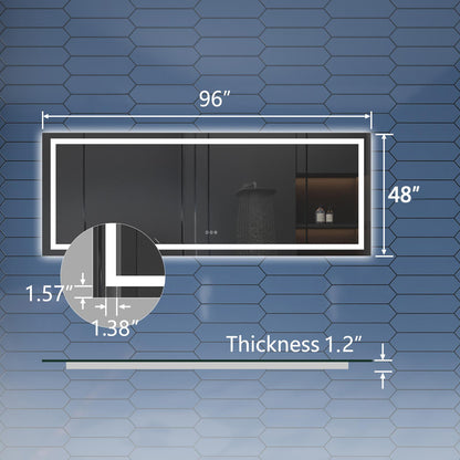 96" W x 48" H Lighted Bathroom Large Light Led Mirror,Anti Fog,Dimmable,Dual Lighting Mode,Tempered Glass|Apex
