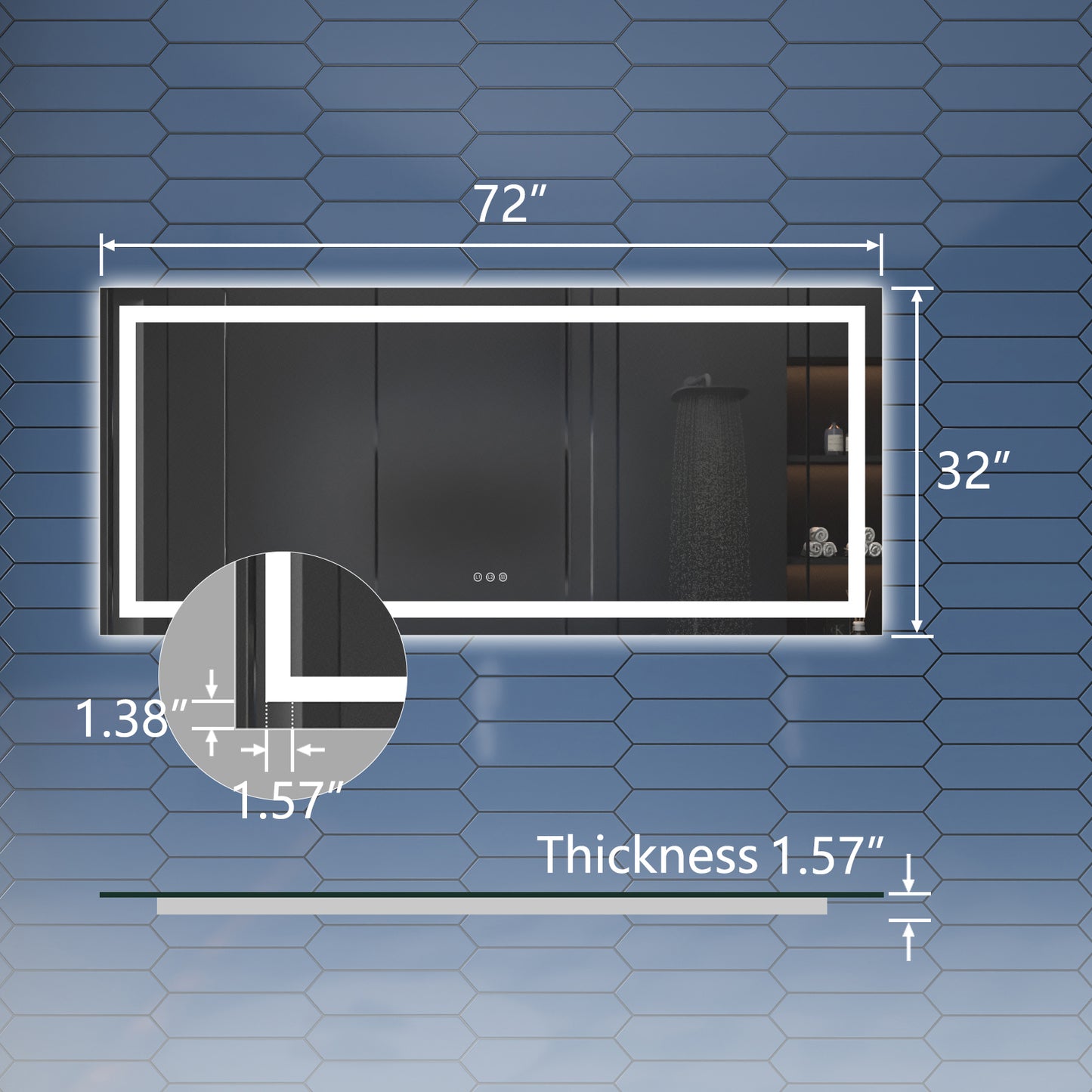 Apex 72" W x 32" H LED Bathroom Large Light Led Mirror,Anti Fog,Dimmable,Three Lighting Modes