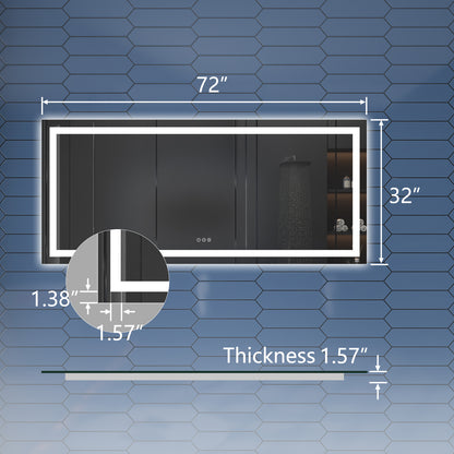 Apex 72" W x 32" H LED Bathroom Large Light Led Mirror,Anti Fog,Dimmable,Three Lighting Modes