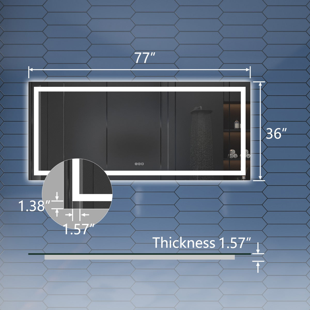 77" W x 36" H LED Heated Bathroom Mirror,Anti Fog,Dimmable,Dual Lighting Mode,Tempered Glass|Apex