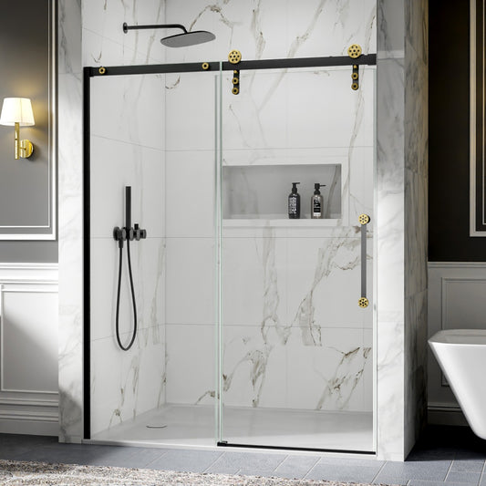 56-60" x 76" Frameless Sliding Shower door,Black Gold,Easy clean,Fixed Glass Left|ExBrite Elysian-S Series