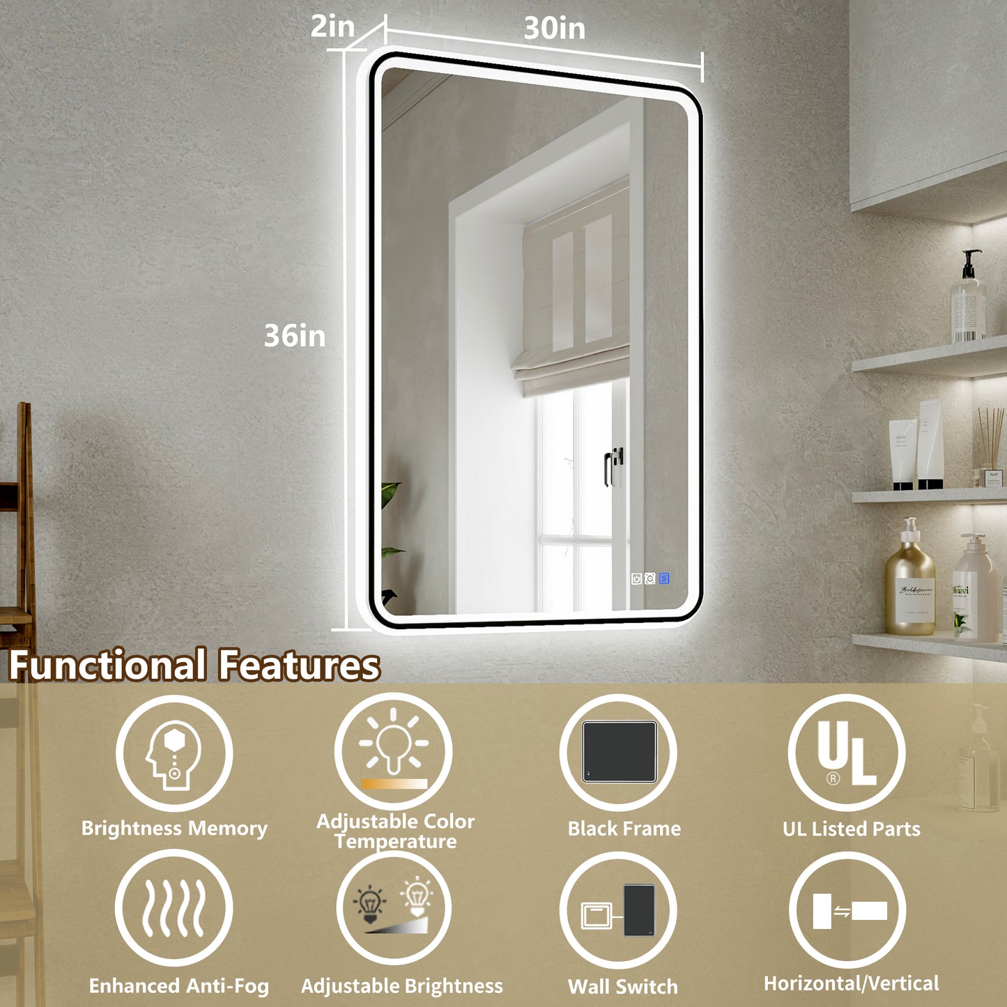 Lumina 24" W x 36" H LED Lighted Bathroom Mirror,High Illuminate, Inner & Outer Lighting,Anti-Fog, Dimmable,Black Frame with Rounded Corners