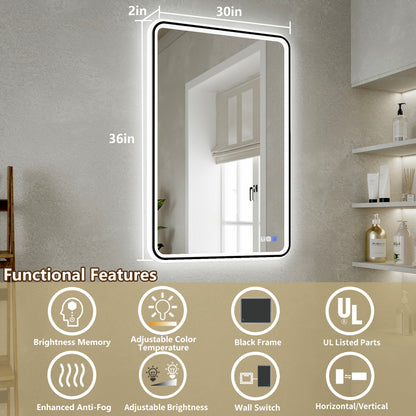 Lumina 24" W x 36" H LED Lighted Bathroom Mirror,High Illuminate, Inner & Outer Lighting,Anti-Fog, Dimmable,Black Frame with Rounded Corners