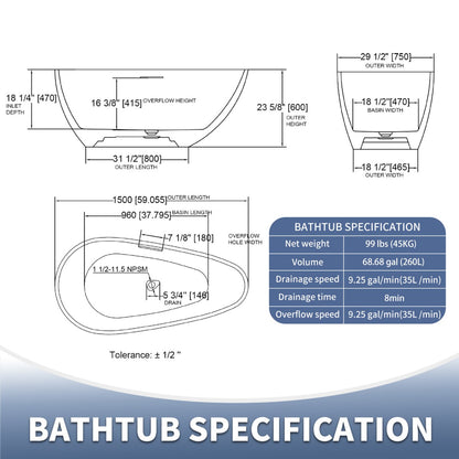 Allsumhome RockE 59" Freestanding Soaking Bathtubs - Stone Touch in Milky Coffee, Scratch-proof, cUPC Certified Freestanding Bath Tubs