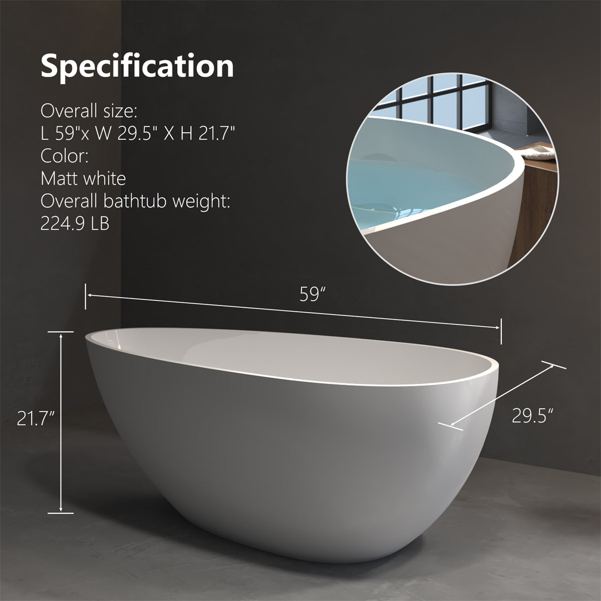 ExBrite 59" Solid Surface Free standing tub Bathroom Adult Egg Shaped Bathtub