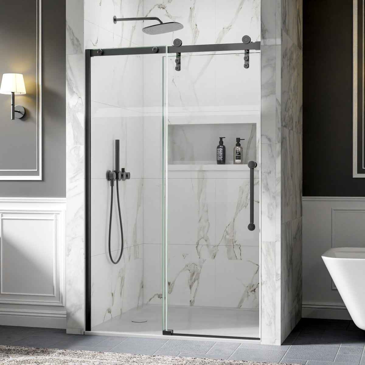 44-48" x 76" Frameless Sliding Shower door,Matte Black,Easy clean|ExBrite Elysian-M Series
