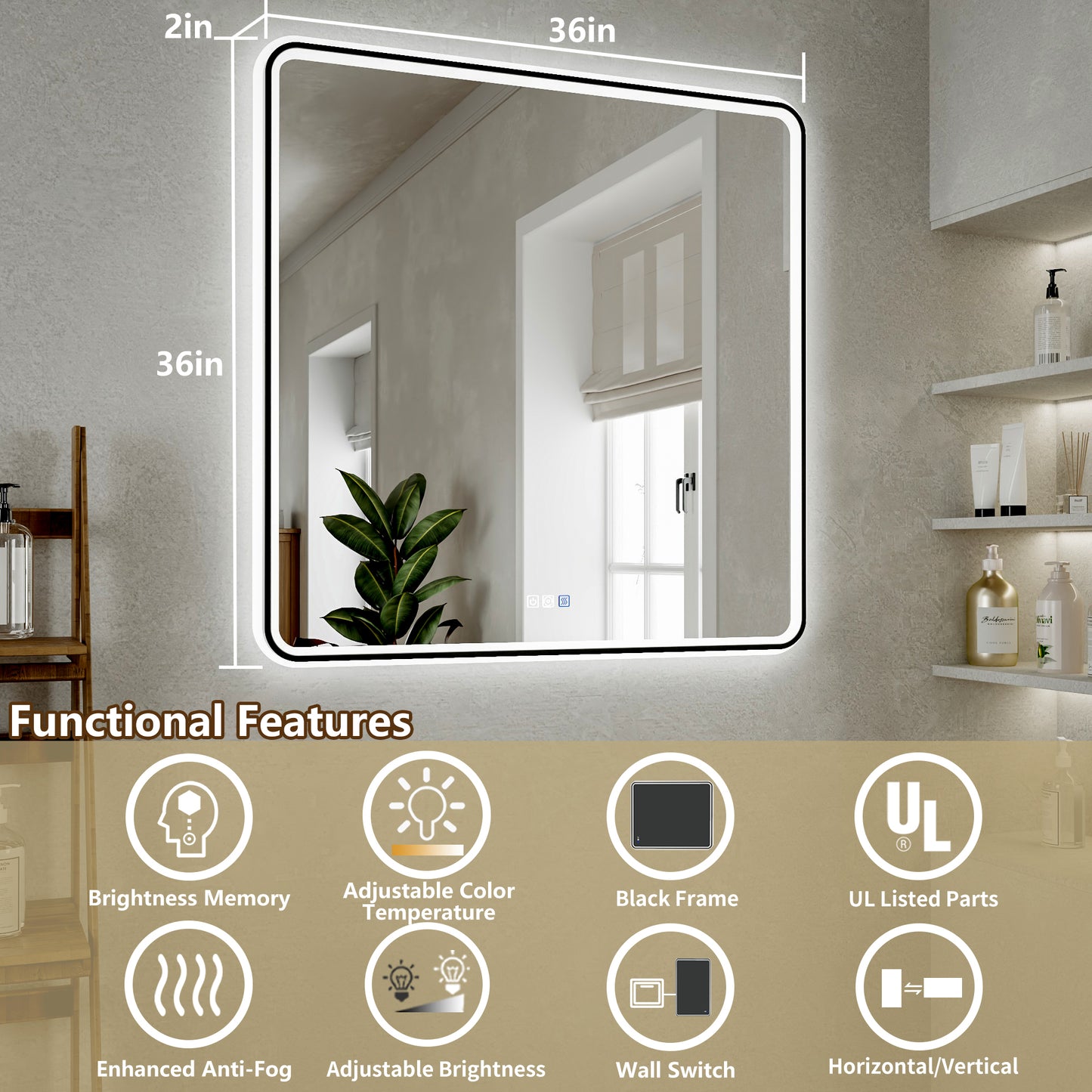Lumina 36" W x 36" H LED Lighted Bathroom Mirror,High Illuminate, Inner & Outer Lighting,Anti-Fog, Dimmable,Black Frame with Rounded Corners