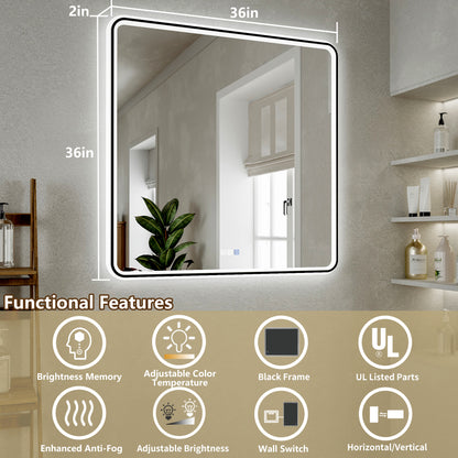 Lumina 36" W x 36" H LED Lighted Bathroom Mirror,High Illuminate, Inner & Outer Lighting,Anti-Fog, Dimmable,Black Frame with Rounded Corners
