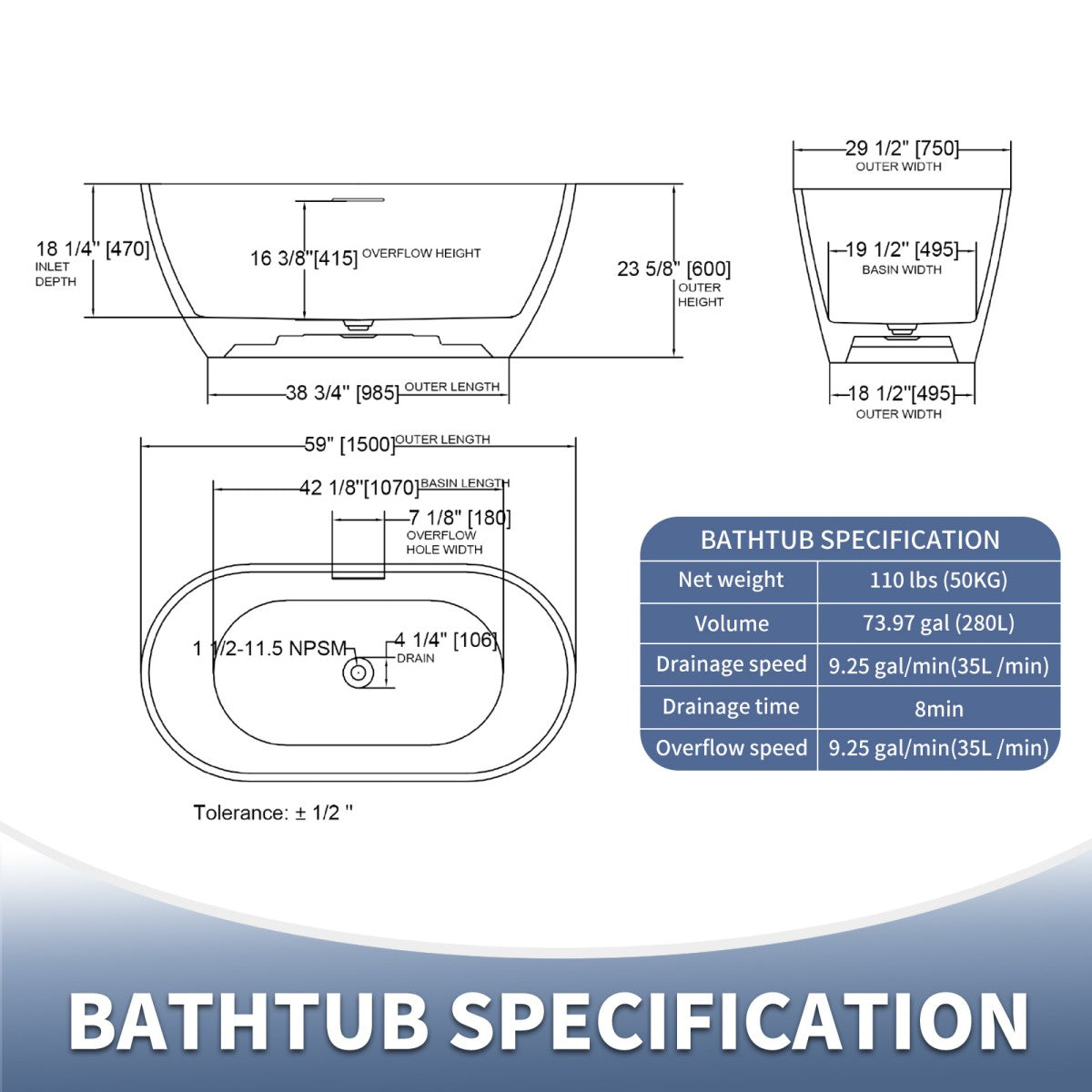 Allsumhome RockX 59" Oval Freestanding Bathtub - Stone Touch in Milky Coffee, Scratch-proof, cUPC Certified Freestanding Bath Tubs