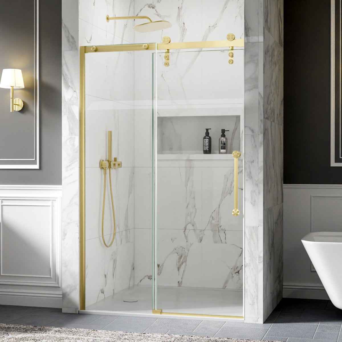 44-48" x 76" Frameless Sliding Shower door,Brushed Gold,Easy clean|ExBrite Elysian-M Series