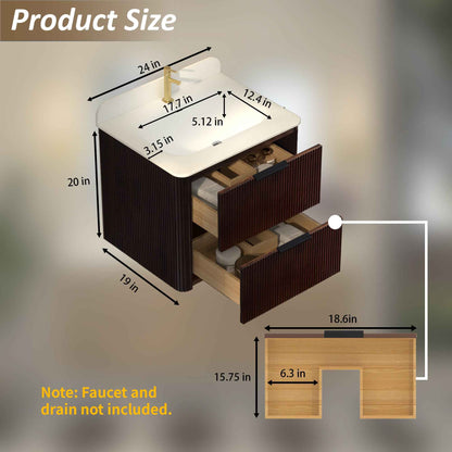 24 inch Floating Bathroom Vanity with Sink, Pre-Assembled, Wall Mounted Plywood Bathroom Storage Cabinet with Safety Rounded,Large Soft-Close Fluted Drawers & Metal Handles