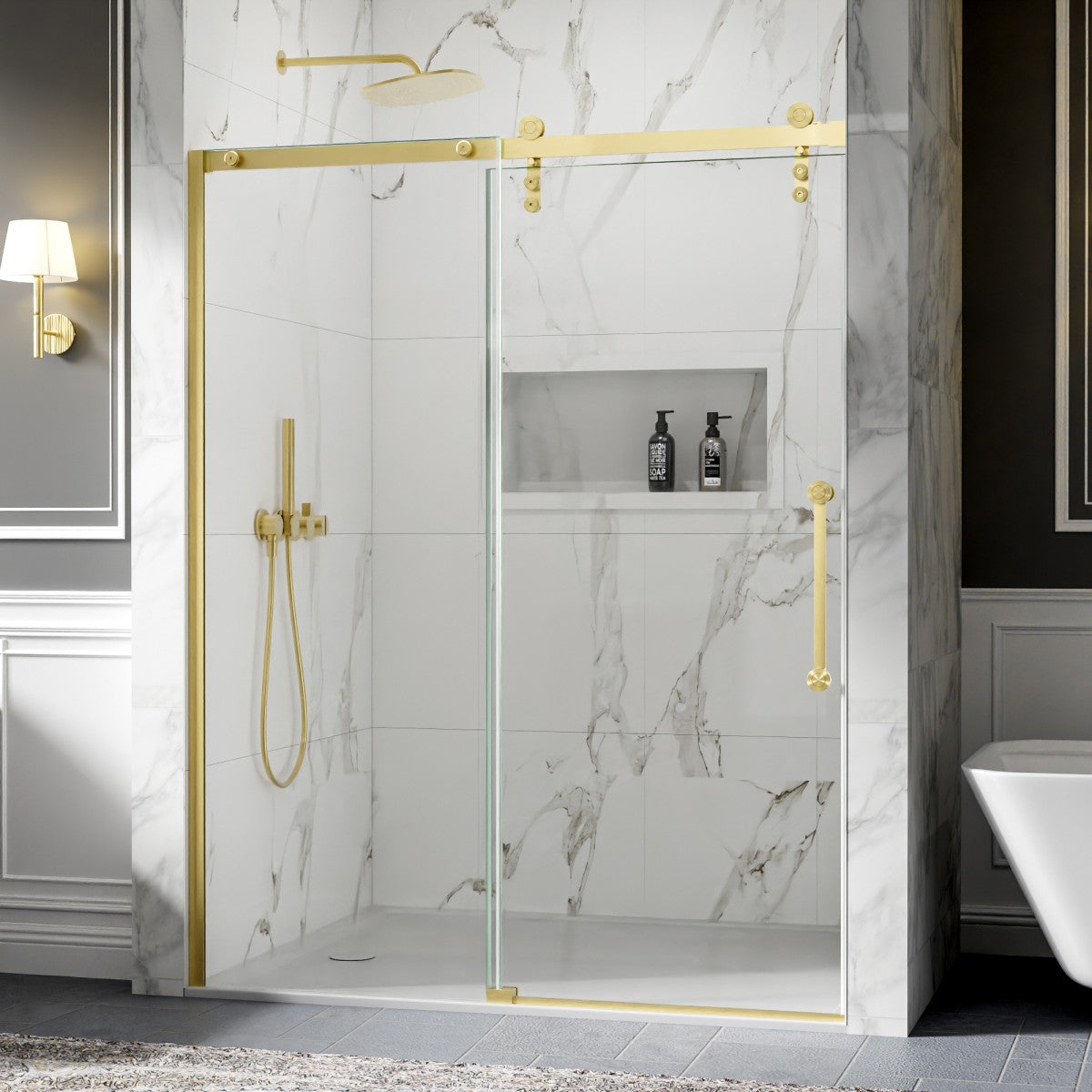 56-60" x 76" Frameless Sliding Shower door,Brushed Gold,Easy clean,Fixed Glass Left|ExBrite Elysian-R Series