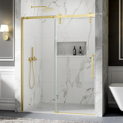 56-60" x 76" Frameless Sliding Shower door,Brushed Gold,Easy clean,Fixed Glass Left|ExBrite Elysian-R Series
