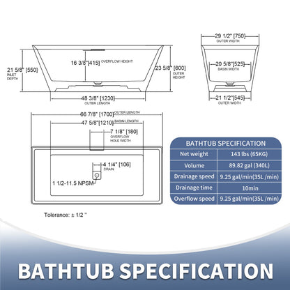 Allsumhome RockR 67" Rectangular Bathtub Freestanding - Stone Touch in Milky Coffee, Scratch-proof, cUPC Certified Freestanding Bath Tubs