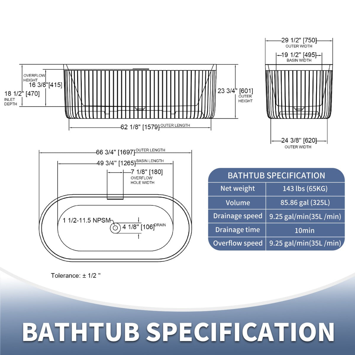 Allsumhome RockF 67" Rectangular Freestanding Bathtub - Stone Touch in Milky Coffee, Scratch-proof, cUPC Certified Freestanding Bath Tubs
