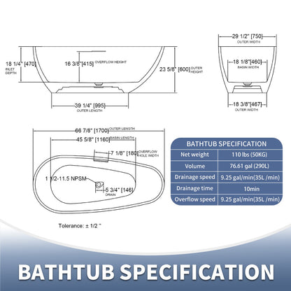 Allsumhome RockE 67" Bathtub Freestanding - Stone Touch in Milky Coffee, Scratch-proof, cUPC Certified Freestanding Bath Tubs