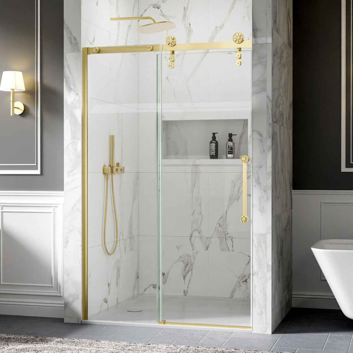 44-48" x 76" Frameless Sliding Shower door,Brushed Gold,Easy clean|ExBrite Elysian-S Series