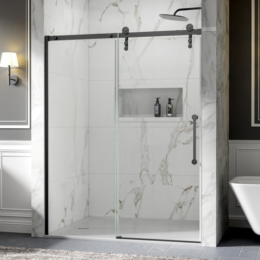 56-60" x 76" Frameless Matte Black Bathroom Shower Sliding Door, Easy Clean, Fixed Glass Left | ExBrite Elysian-S Series