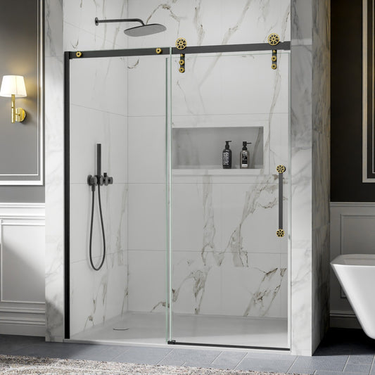 56-60" x 76" Frameless Sliding Shower door,Black Gold,Easy clean,Fixed Glass Left|ExBrite Elysian-F Series