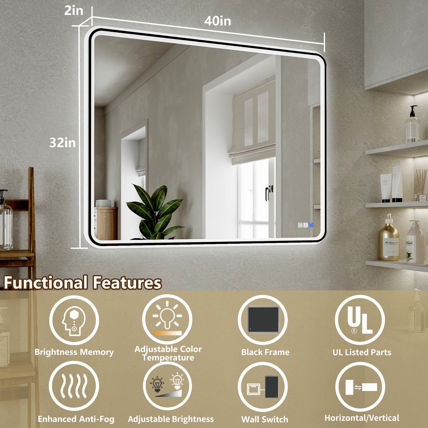 Lumina 40" W x 32" H LED Lighted Bathroom Mirror,High Illuminate, Inner & Outer Lighting,Anti-Fog, Dimmable,Black Frame with Rounded Corners