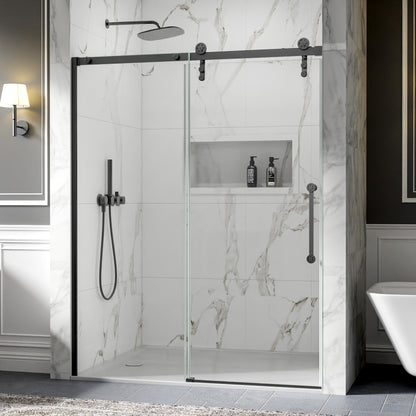 56-60" x 76" Frameless Sliding Shower door,Matte Black,Easy clean,Fixed glass left|ExBrite Elysian-S Series