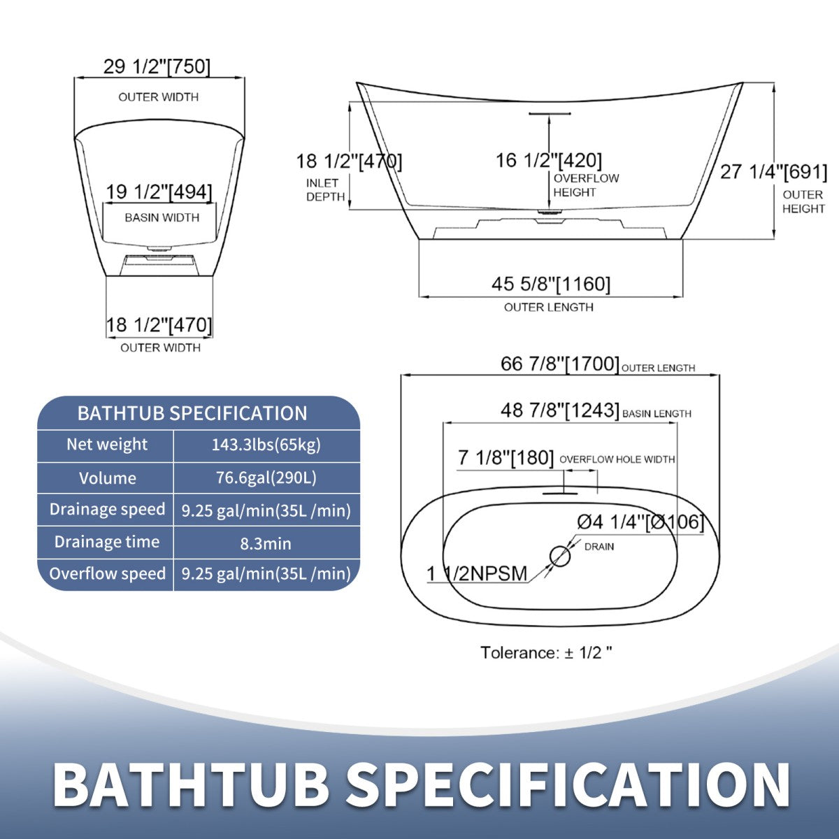 Allsumhome RockEB 67" Freestanding Bathtub - Stone Touch in Milky Coffee, Scratch-proof, cUPC Certified Freestanding Bath Tubs