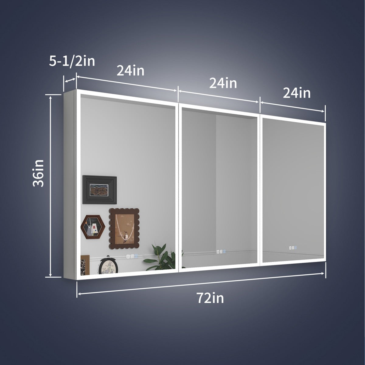 Measurement chart of a wall-mounted display case with dimensions on a dark background