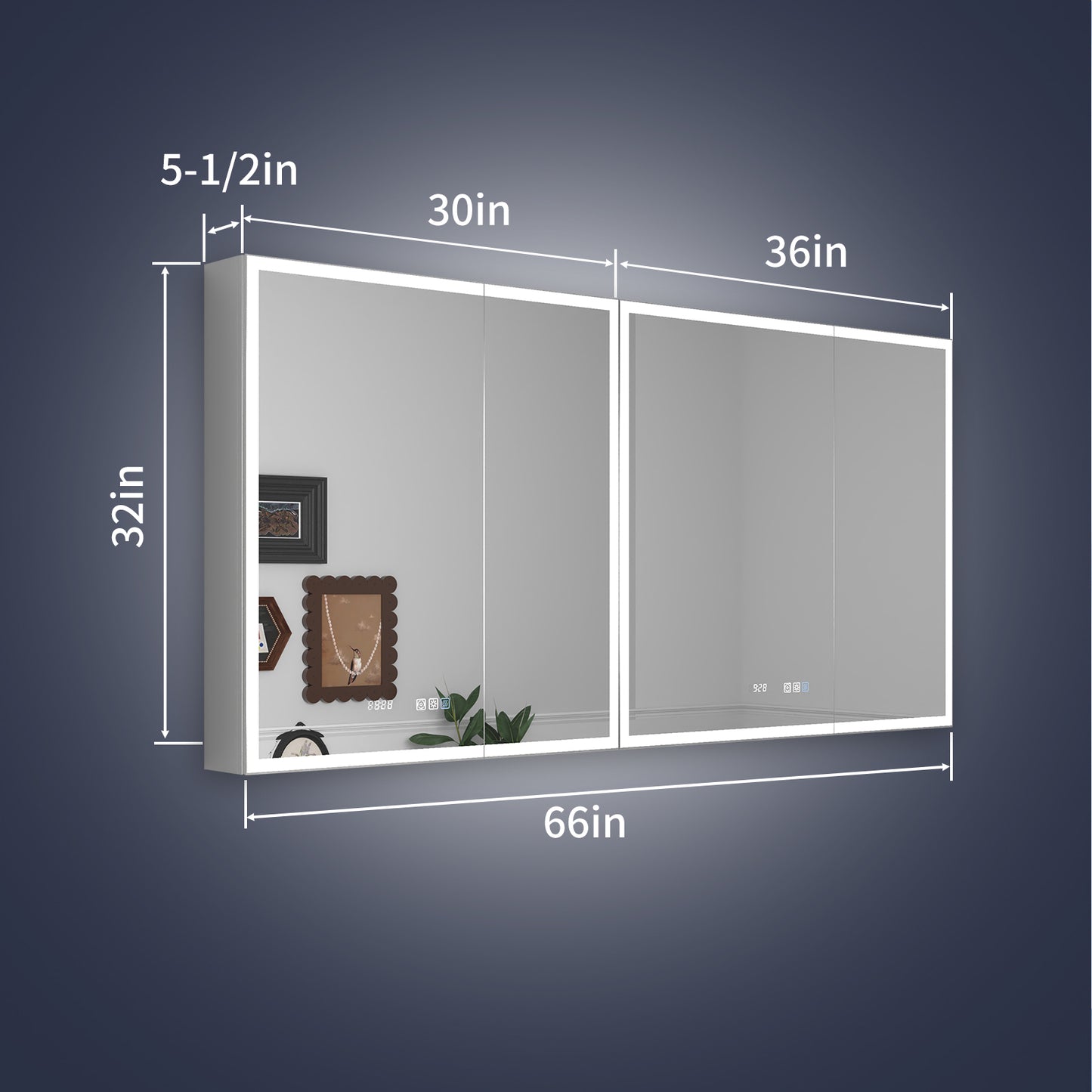 Rim 66" W x 32" H LED Lighted Medicine Cabinet Recessed or Surface with Mirrors