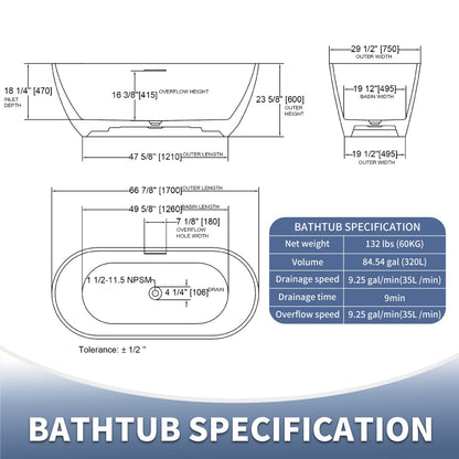 Allsumhome RockX 67" Freestanding Bathtub Modern - Stone Touch in Milky Coffee, Scratch-proof, cUPC Certified Freestanding Bath Tubs