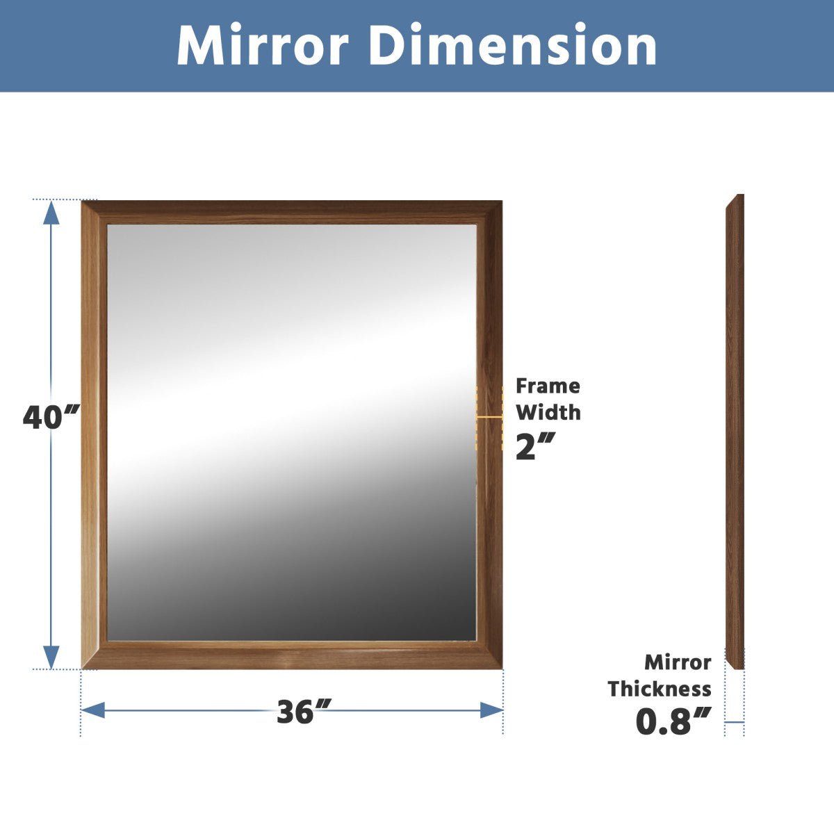 40" x 36" Dark Wood Grain Rectangular Wall Mount Makeup Mirror with Shatterproof Tempered Glass, Rust-Resistant Aluminum Frame for Bathroom, Living Room & Hallway | Nolhurst