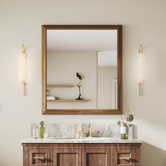 40" x 36" Dark Wood Grain Rectangular Wall Mount Makeup Mirror with Shatterproof Tempered Glass, Rust-Resistant Aluminum Frame for Bathroom, Living Room & Hallway | Nolhurst