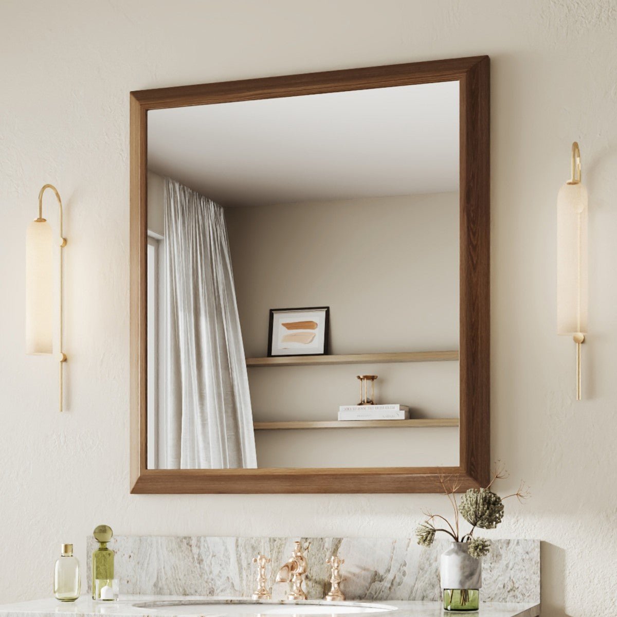 40" x 36" Dark Wood Grain Rectangular Wall Mount Makeup Mirror with Shatterproof Tempered Glass, Rust-Resistant Aluminum Frame for Bathroom, Living Room & Hallway | Nolhurst