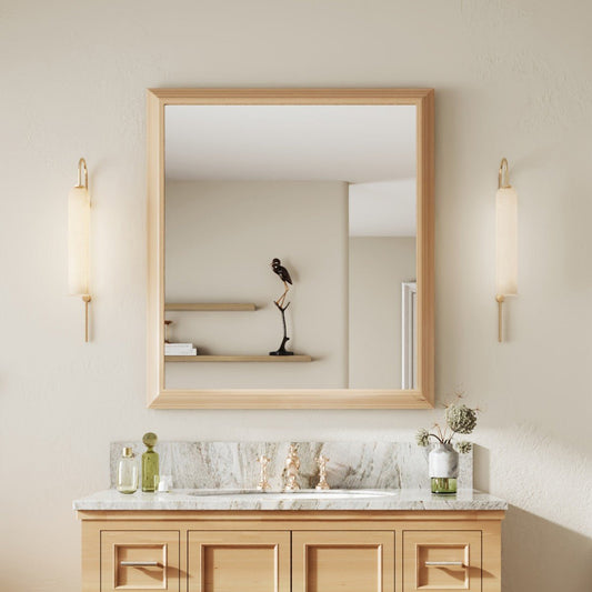 40" x 36" Modern Wall Mirror with Light Wood Grain Frame | Elegant Rectangular Design with Shatterproof Tempered Glass for Bathroom, Living Room & Hallway | Nolhurst