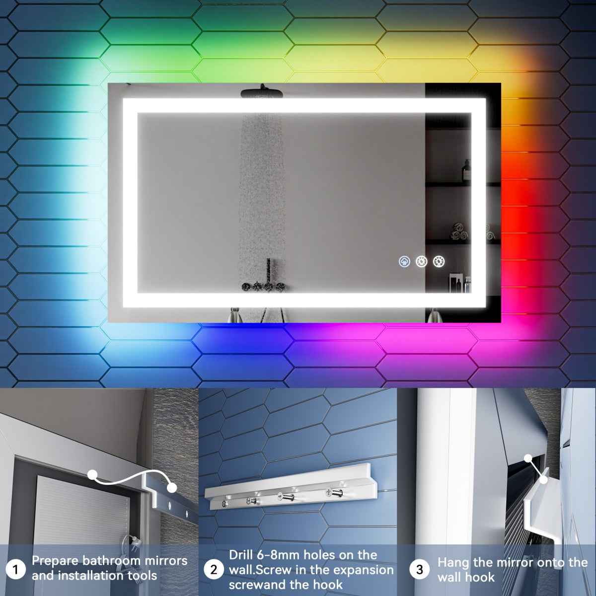 40"x 24" RGB Smart LED Bathroom Mirror–Color Changing Backlit Mirror with Anti-Fog & Dimmable Touch Control|Exbrite DYLUX